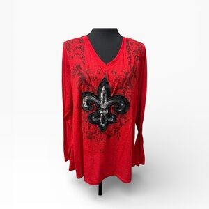 Cato Red Fleur De Lis Sequin Graphic V Neck Long Sleeve Top Plus 18/20